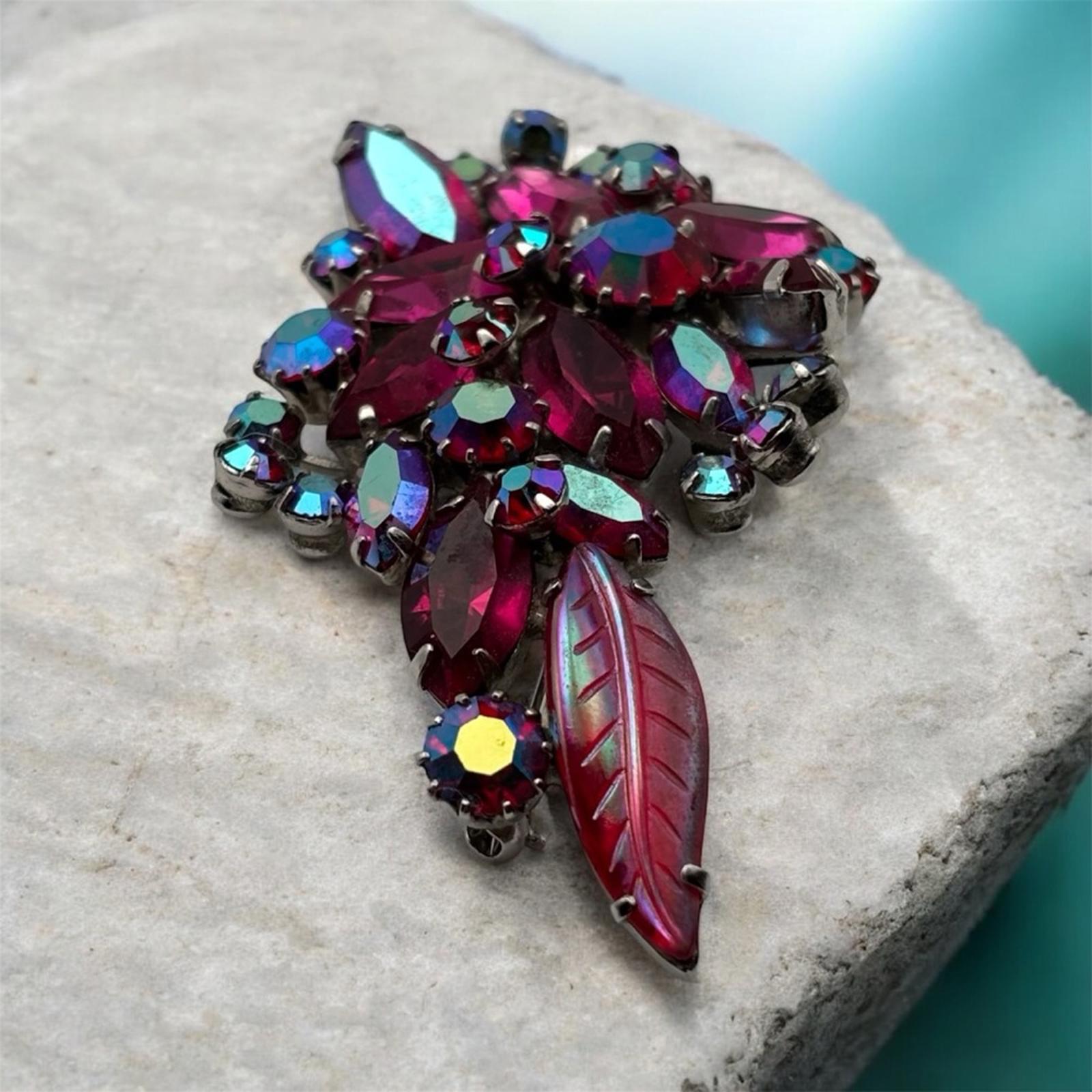 Sherman Pink Aurora Borealis Rhinestone Flower Brooch Pin