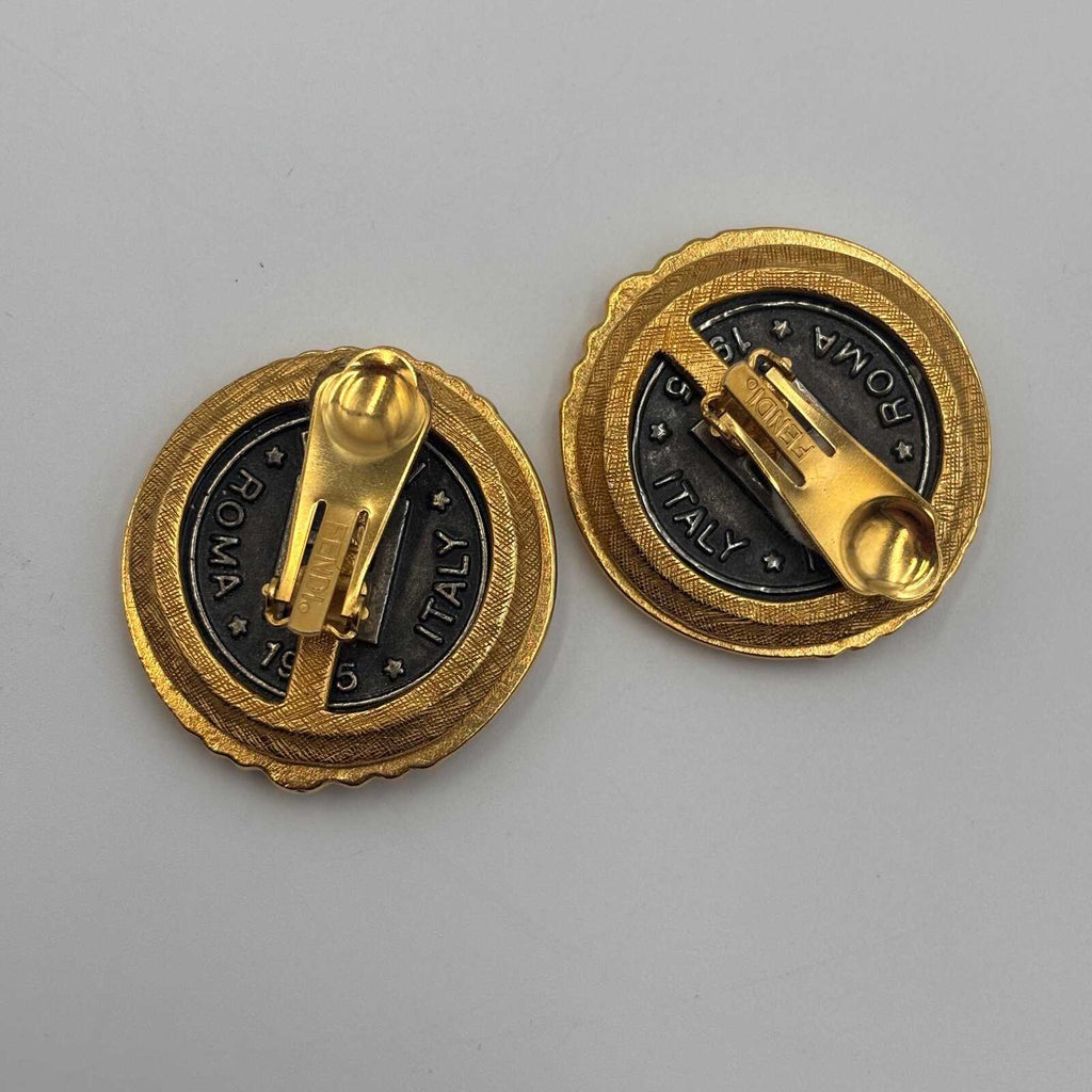 Fendi Janus Coin Clip On Earrings Gold Tone
