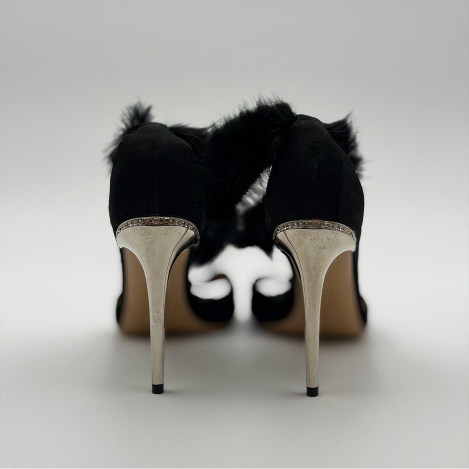 SALVATORE FERRAGAMO BLACK SUEDE & FUR ANKLE STRAP HEELS
