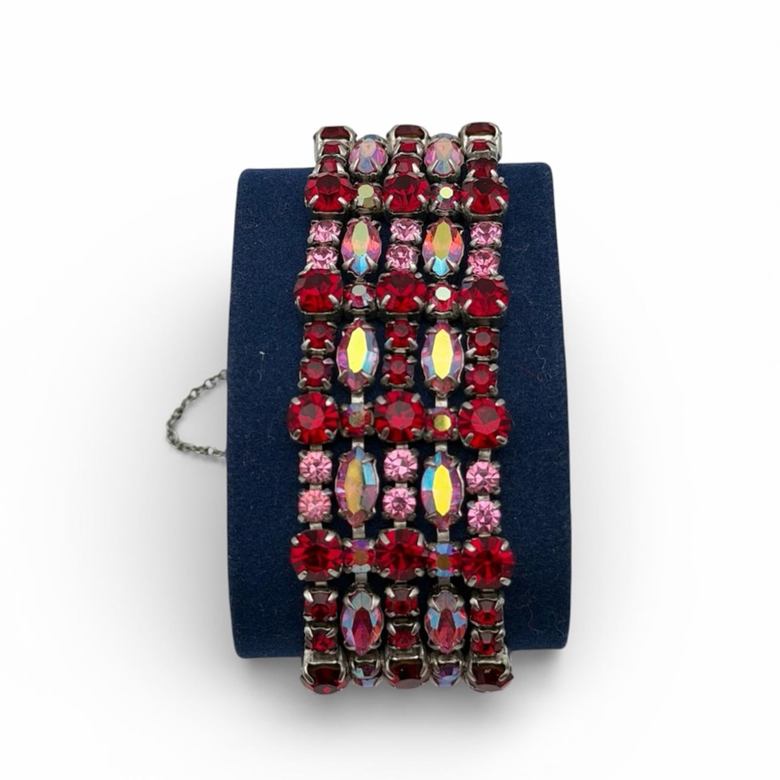 Vintage Sherman Red & Pink Aurora Borealis Rhinestone Wide Bracelet – Signed