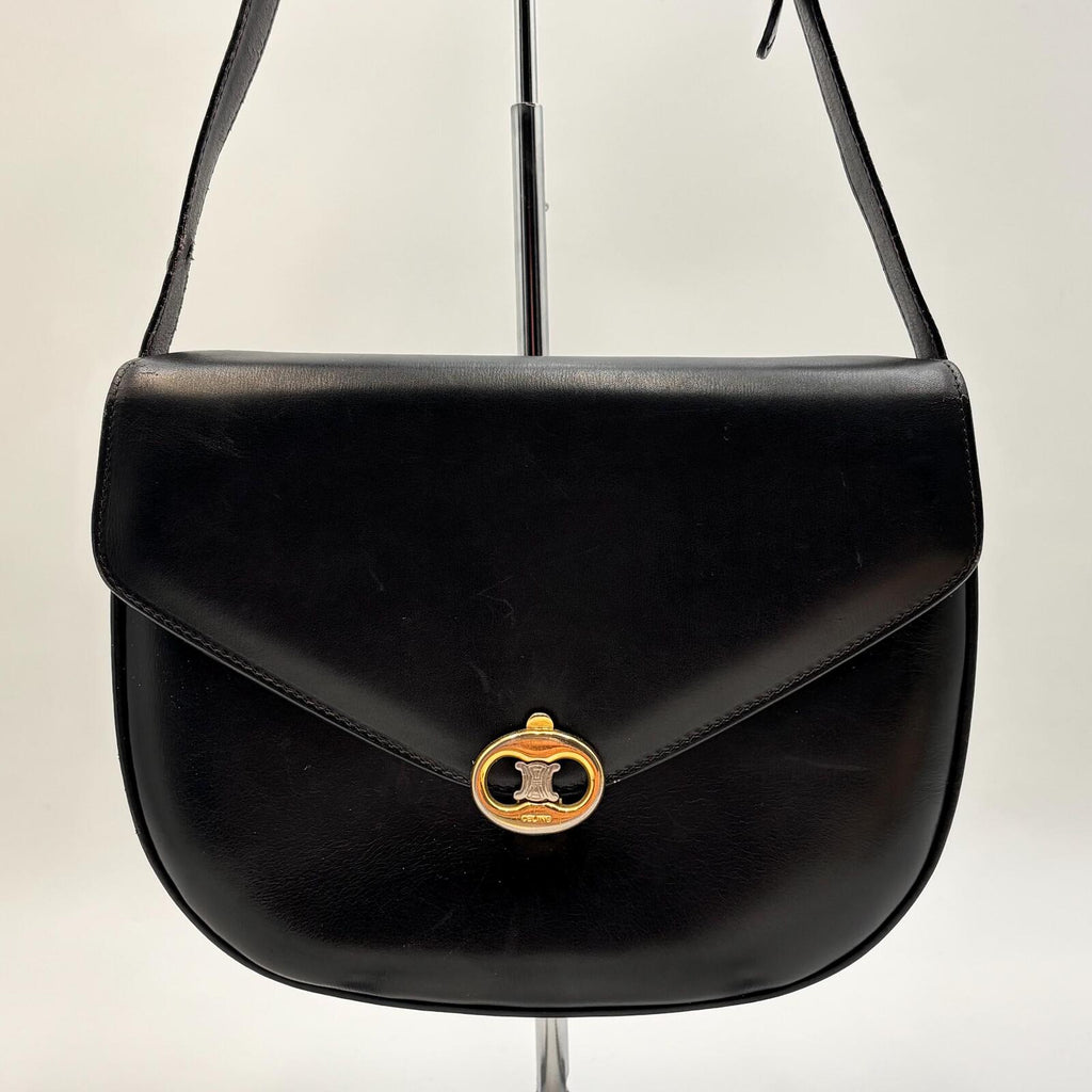 Celine Vintage Black Leather Triomphe Shoulder Bag