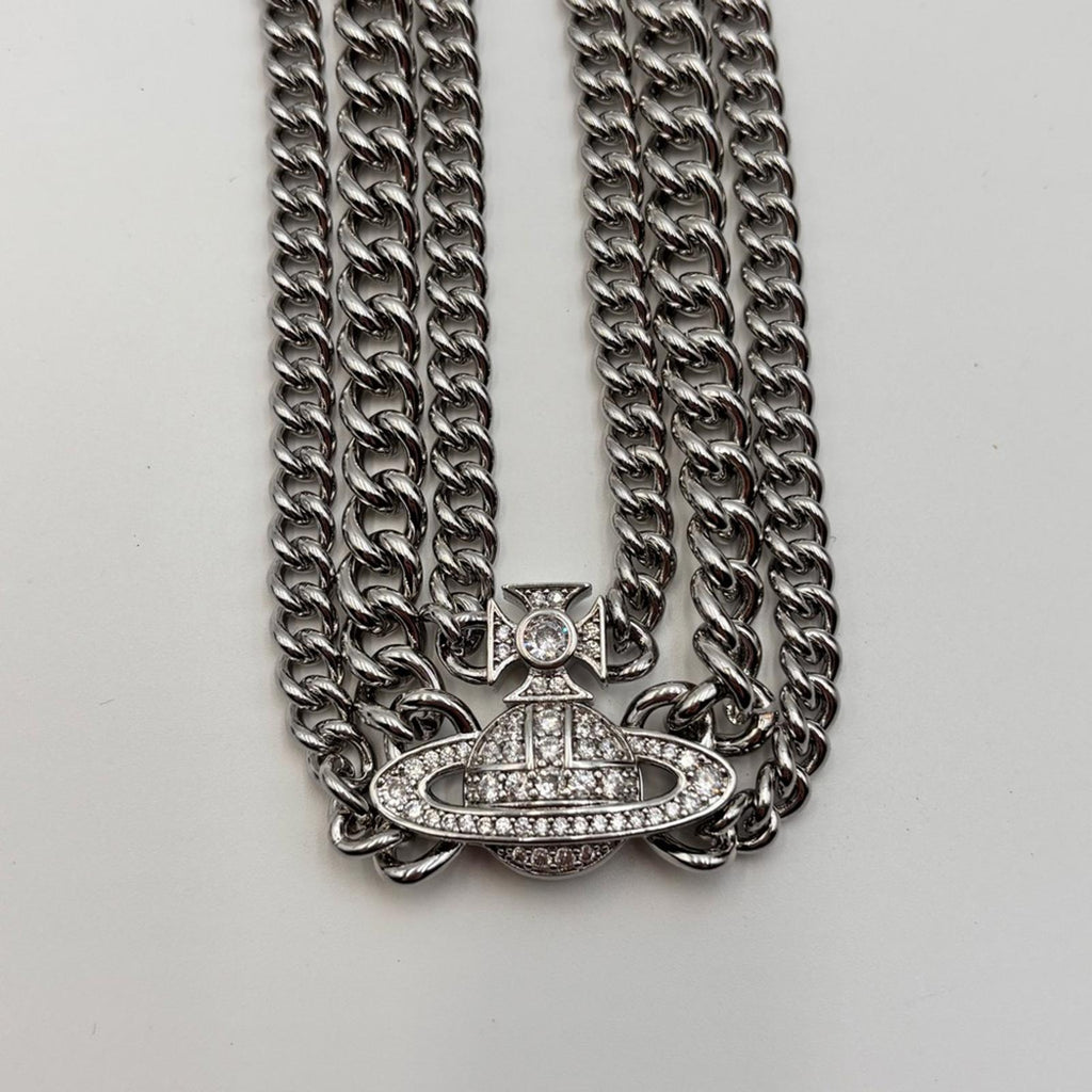 Vivienne Westwood Graziela Orb Multi Chain Choker Necklace Silver Tone Crystal