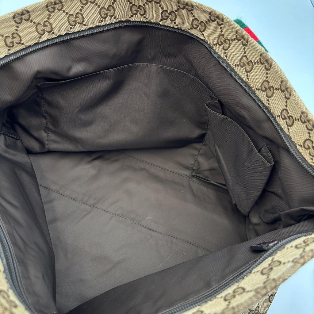 Gucci GG Canvas Web Tote Bag Brown Beige