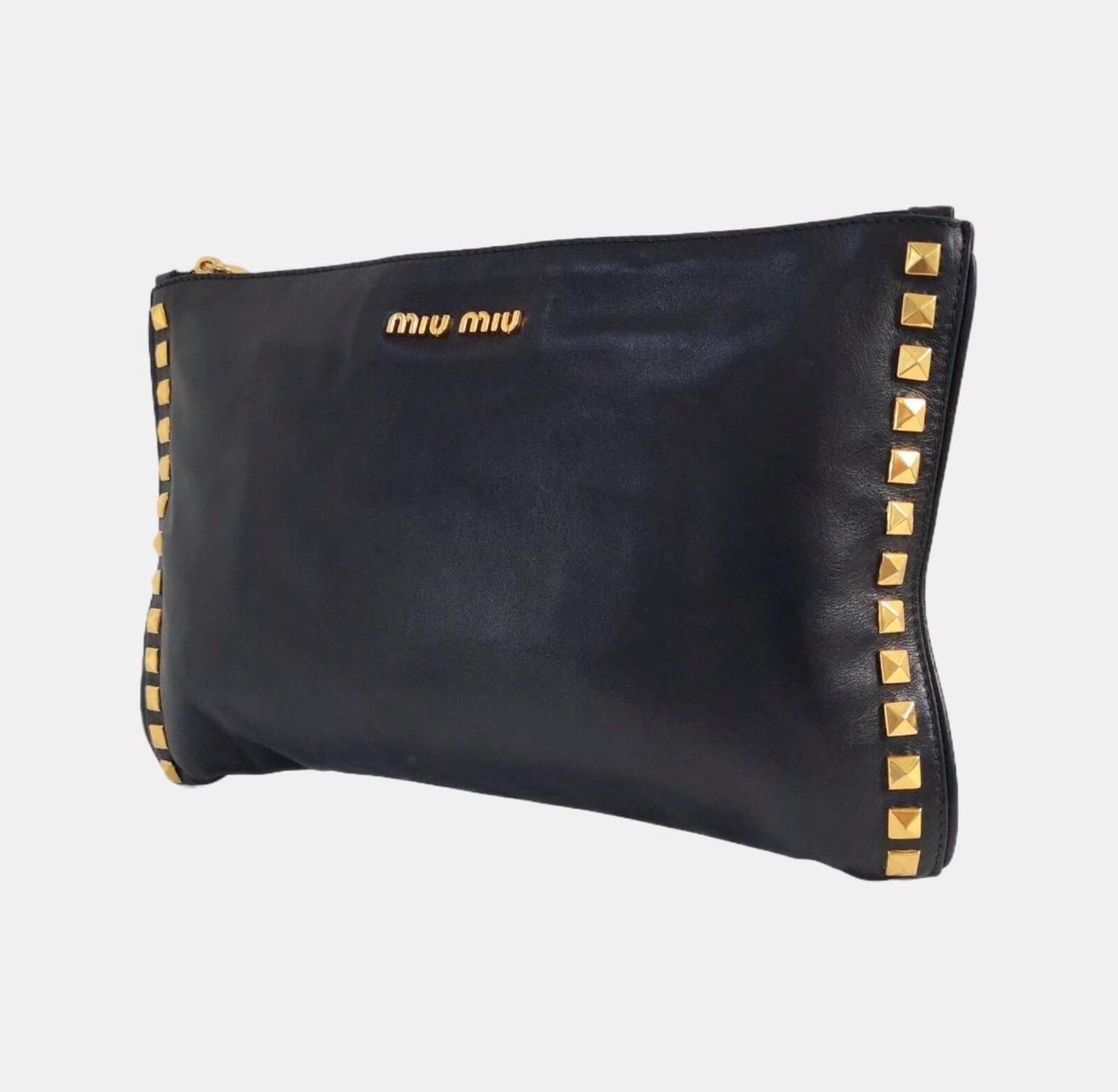 Miu Miu Black Leather Printed Studded Pouch Clutch