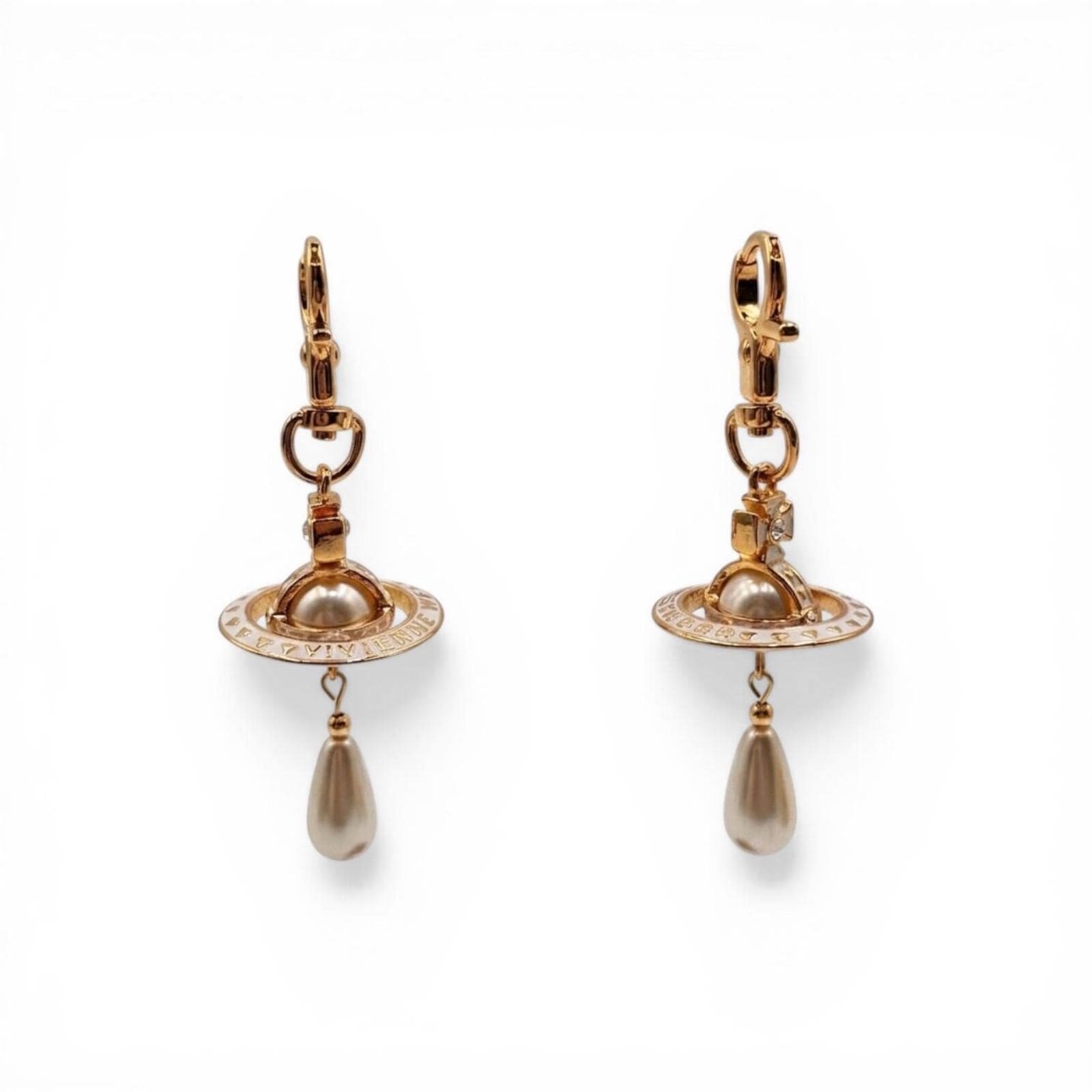 Vivienne Westwood Orb Pearl Drop Earrings Gold Tone With Box