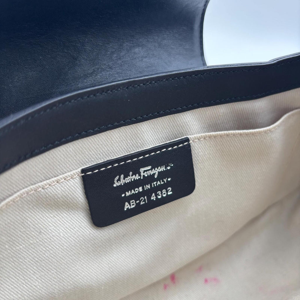 Salvatore Ferragamo Black Patent Leather Gancini Flap Shoulder Bag Vintage