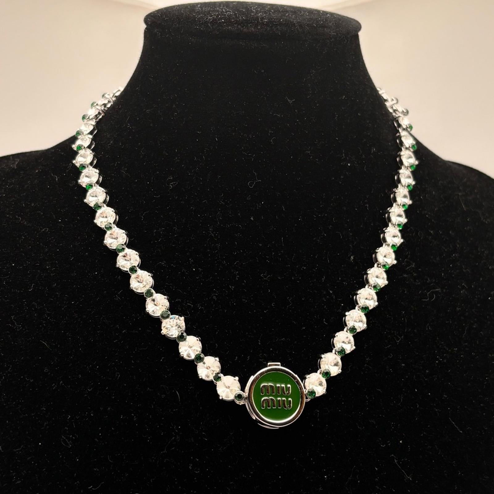 Miu Miu Crystal Tennis Necklace With Green Logo Pendant