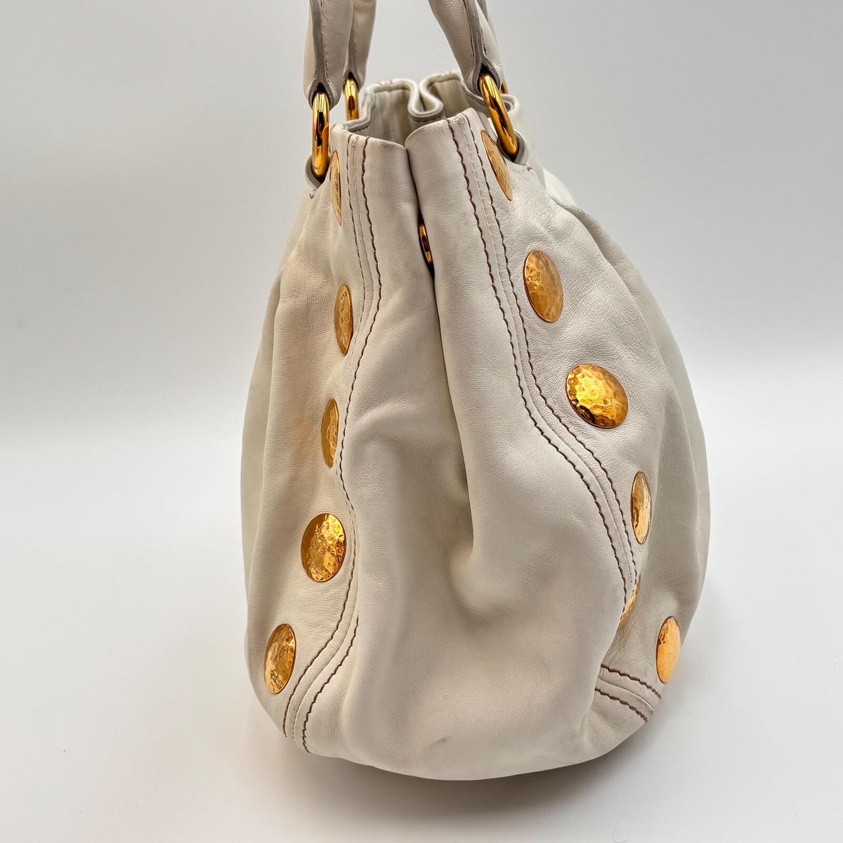 Miu Miu White Leather Studded Tote Bag With Strap