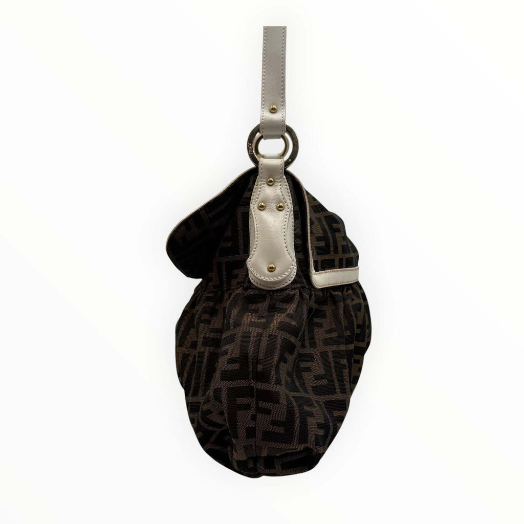 Fendi Zucca Monogram Canvas Shoulder Bag with Ivory Leather Trim