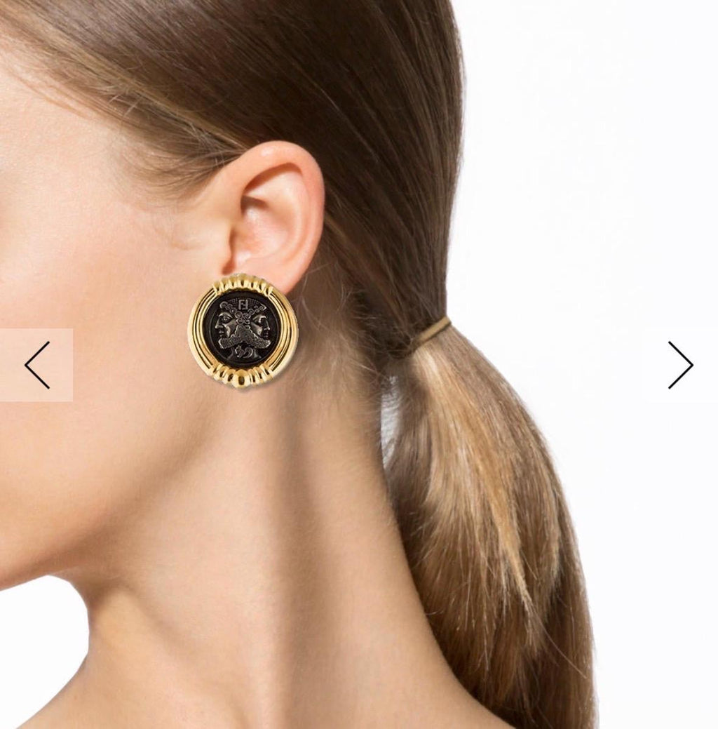 Fendi Janus Coin Clip On Earrings Gold Tone