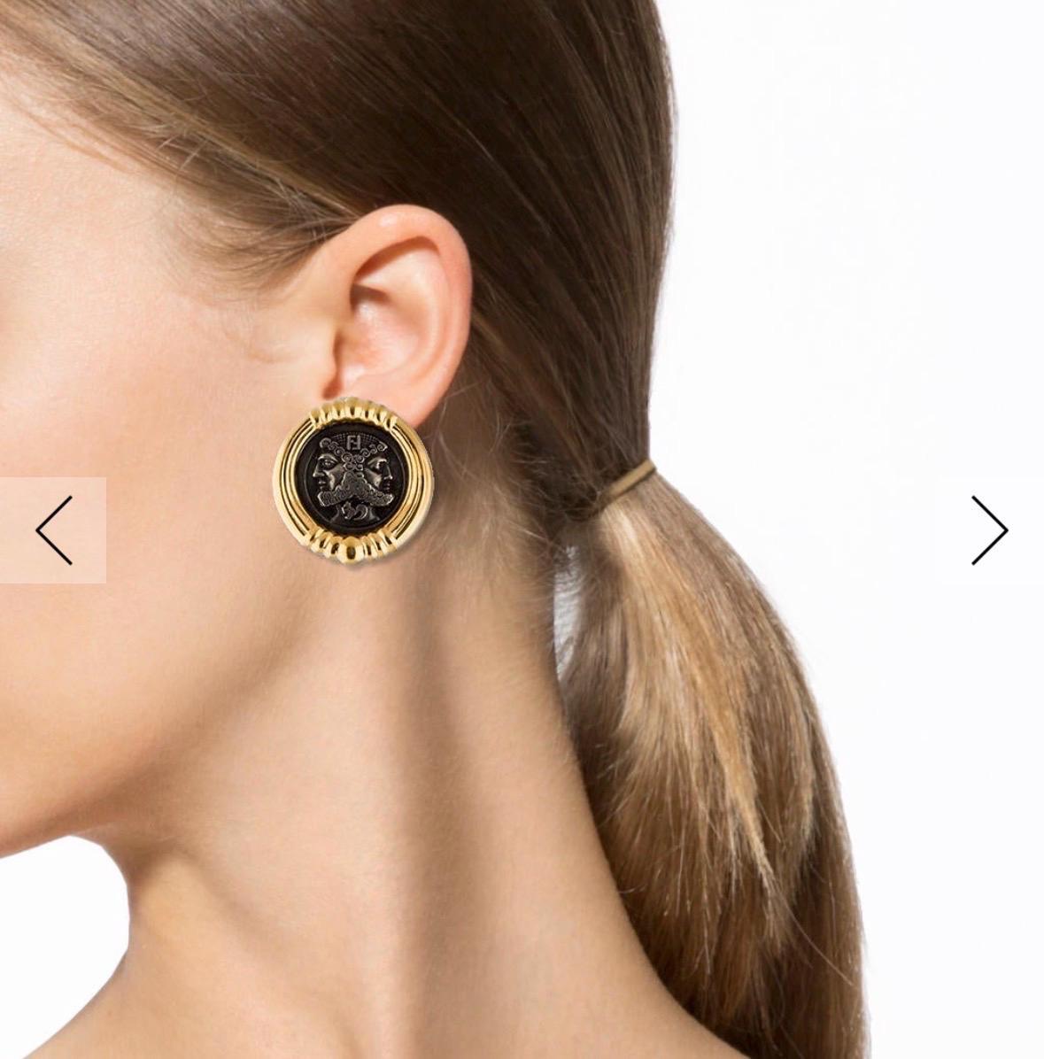 Fendi Janus Coin Clip On Earrings Gold Tone