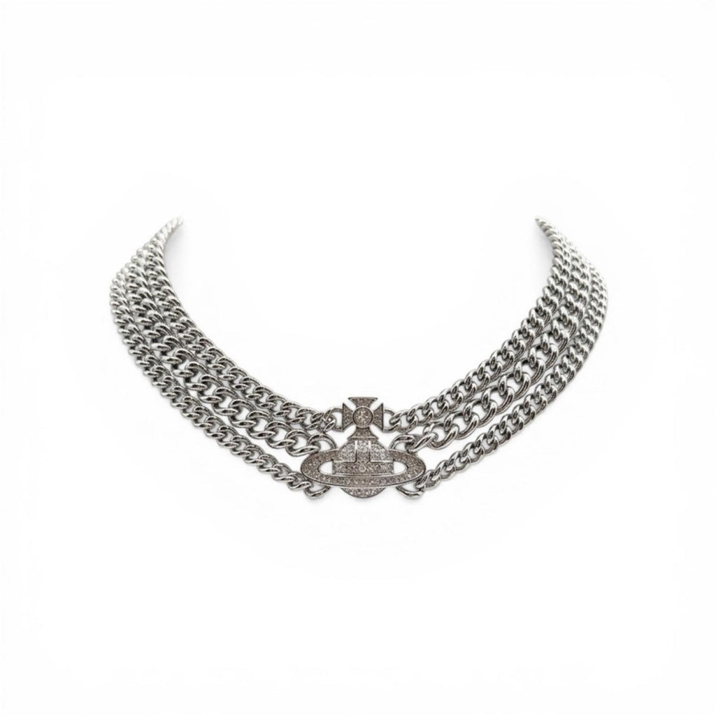 Vivienne Westwood Graziela Orb Multi Chain Choker Necklace Silver Tone Crystal