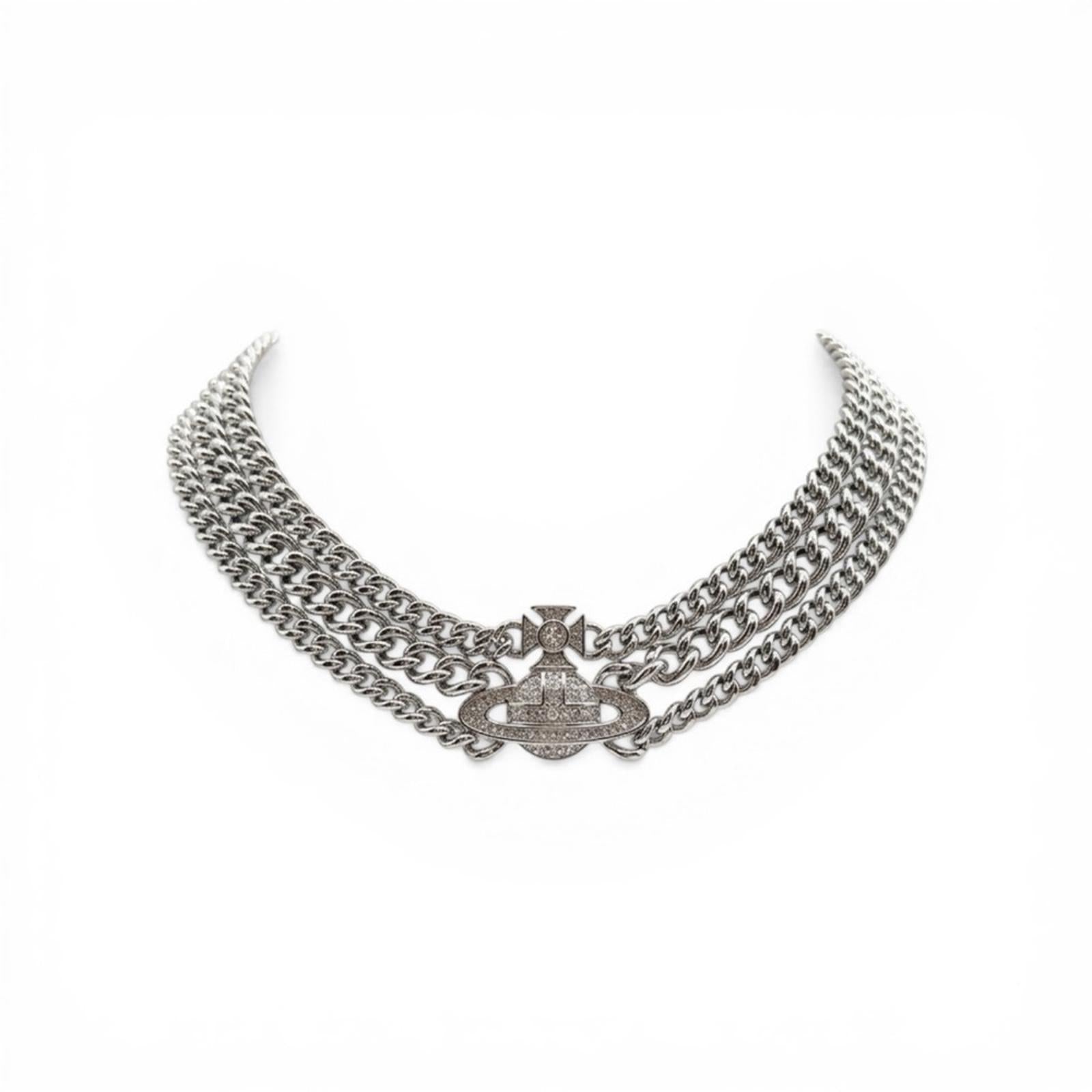 Vivienne Westwood Graziela Orb Multi Chain Choker Necklace Silver Tone Crystal