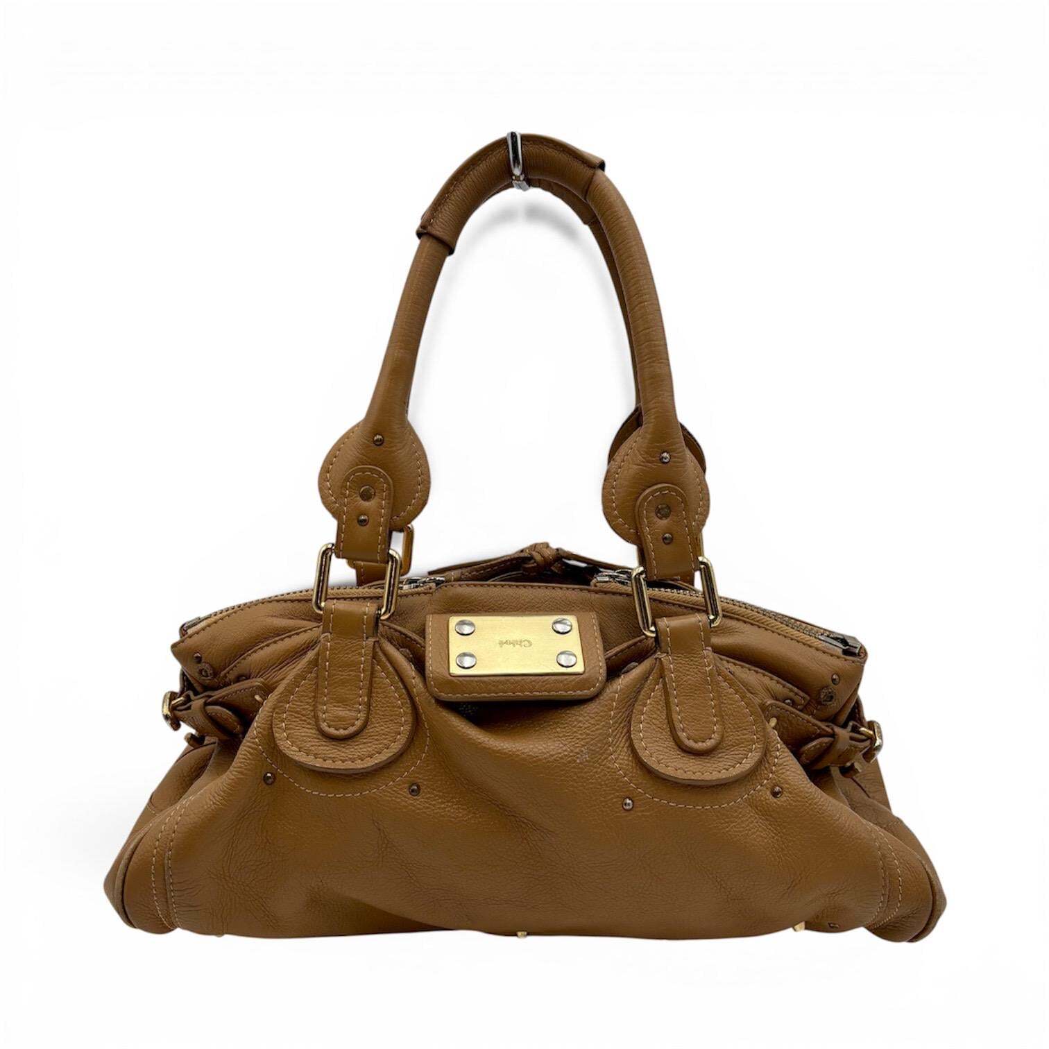 Chloé Paddington Medium Satchel Bag Tan Brown Pebbled Leather Gold Hardware