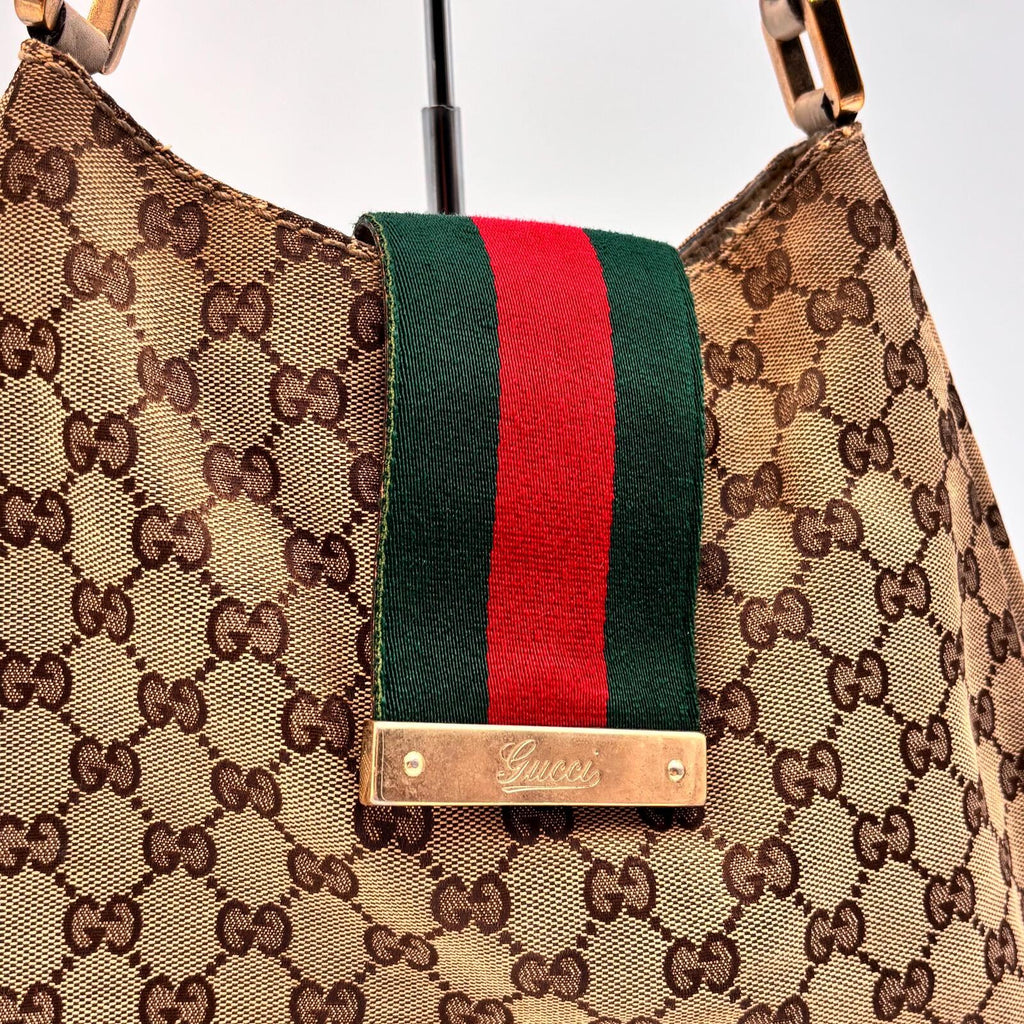 Gucci GG Canvas Web Sherry Line Shoulder Bag Beige Red Green