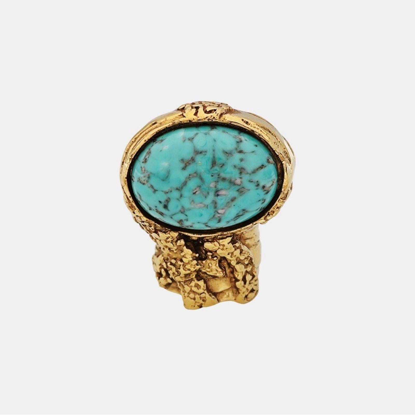Yves Saint Laurent 1980s Vintage Turquoise Cabochon Sculptural Gold-Plated Ring