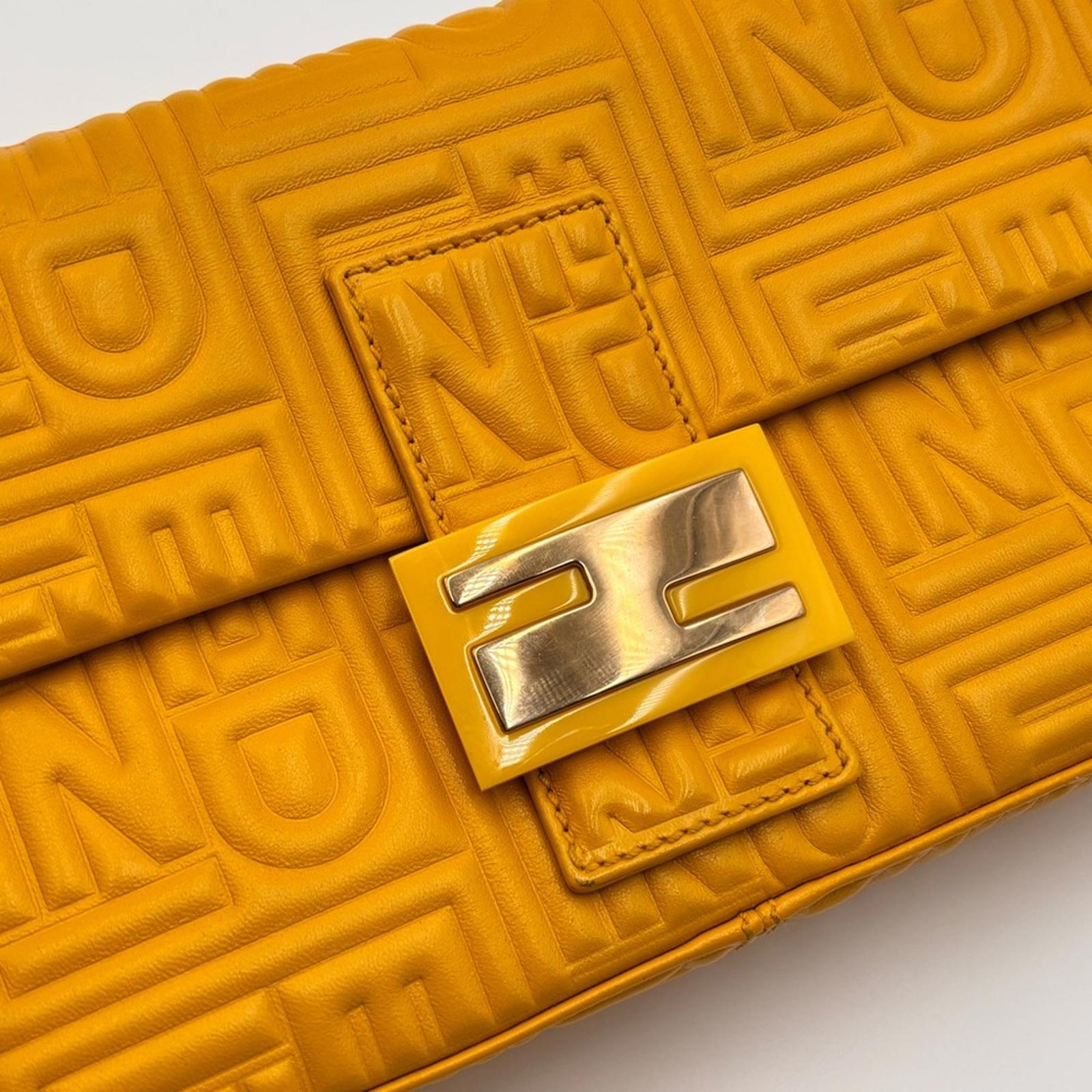 Fendi Yellow Embossed Zucca Leather Baguette Shoulder Bag Silver Hardware