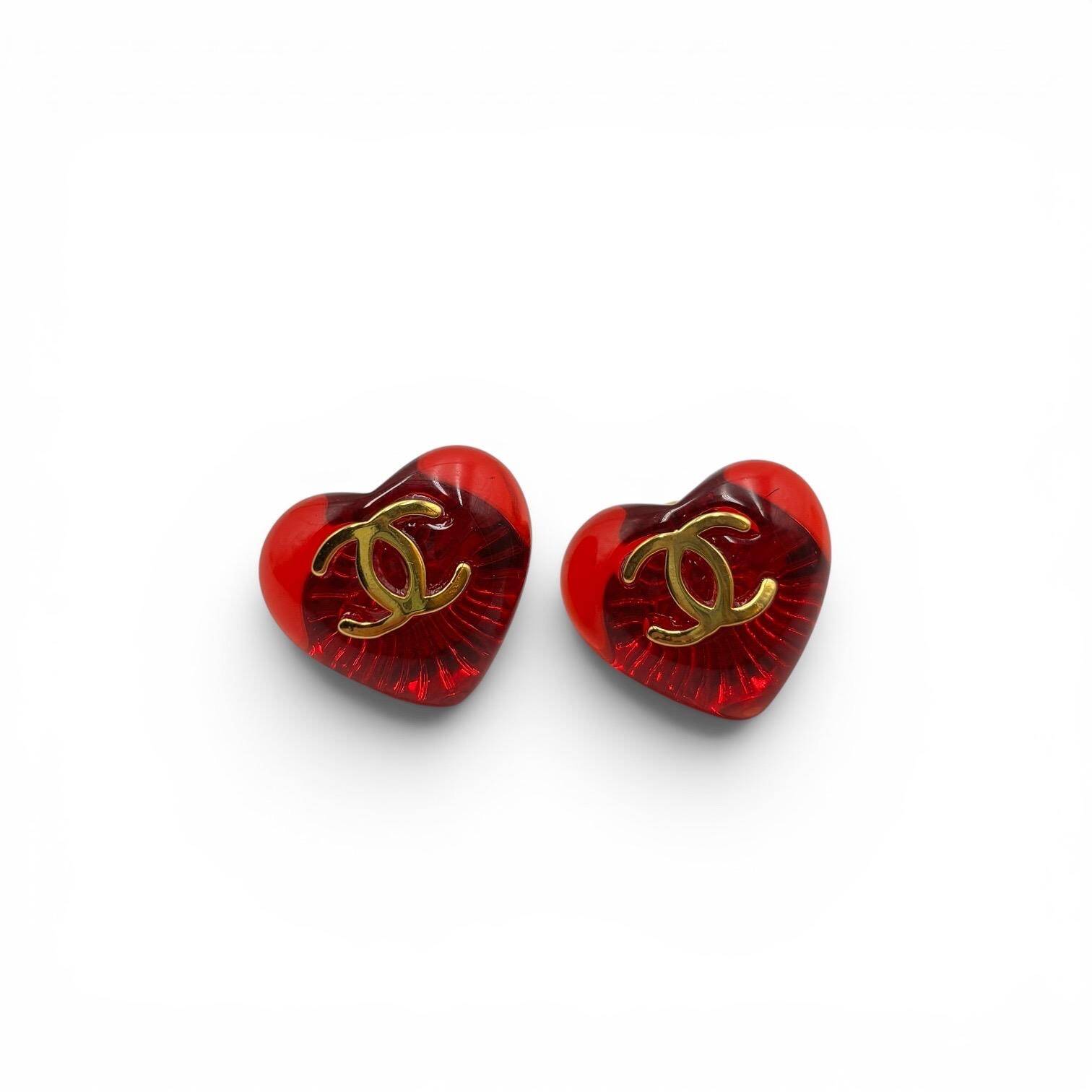 Chanel Vintage Red Resin Heart CC Stud Earrings Gold Tone