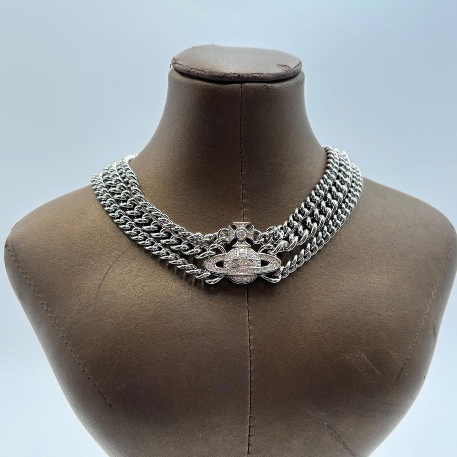 Vivienne Westwood Graziela Orb Multi Chain Choker Necklace Silver Tone Crystal