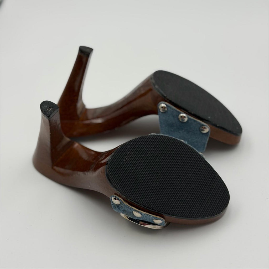 DIOR CD LOGO WOOD & DENIM MULE SANDALS – BLUE / BROWN