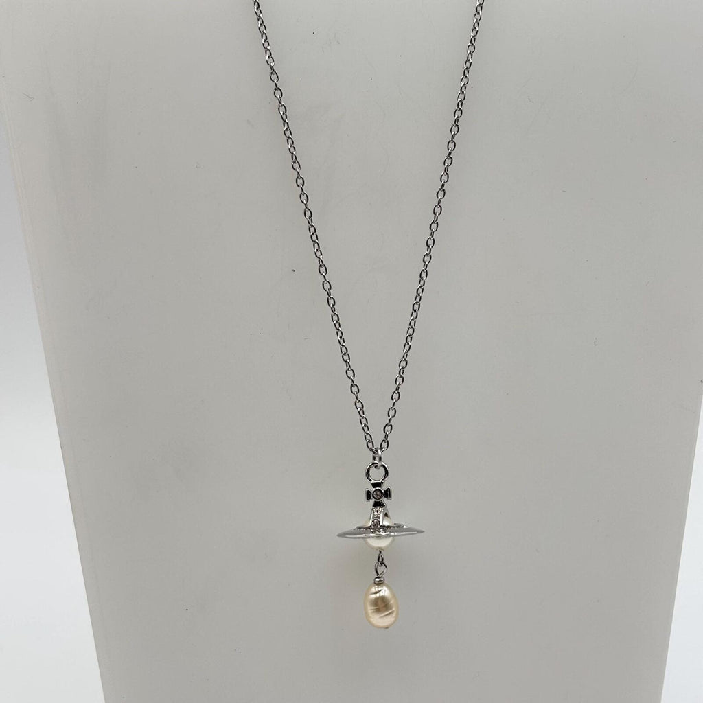 Vivienne Westwood Aleksa Orb Pearl Drop Pendant Necklace Silver Crystal