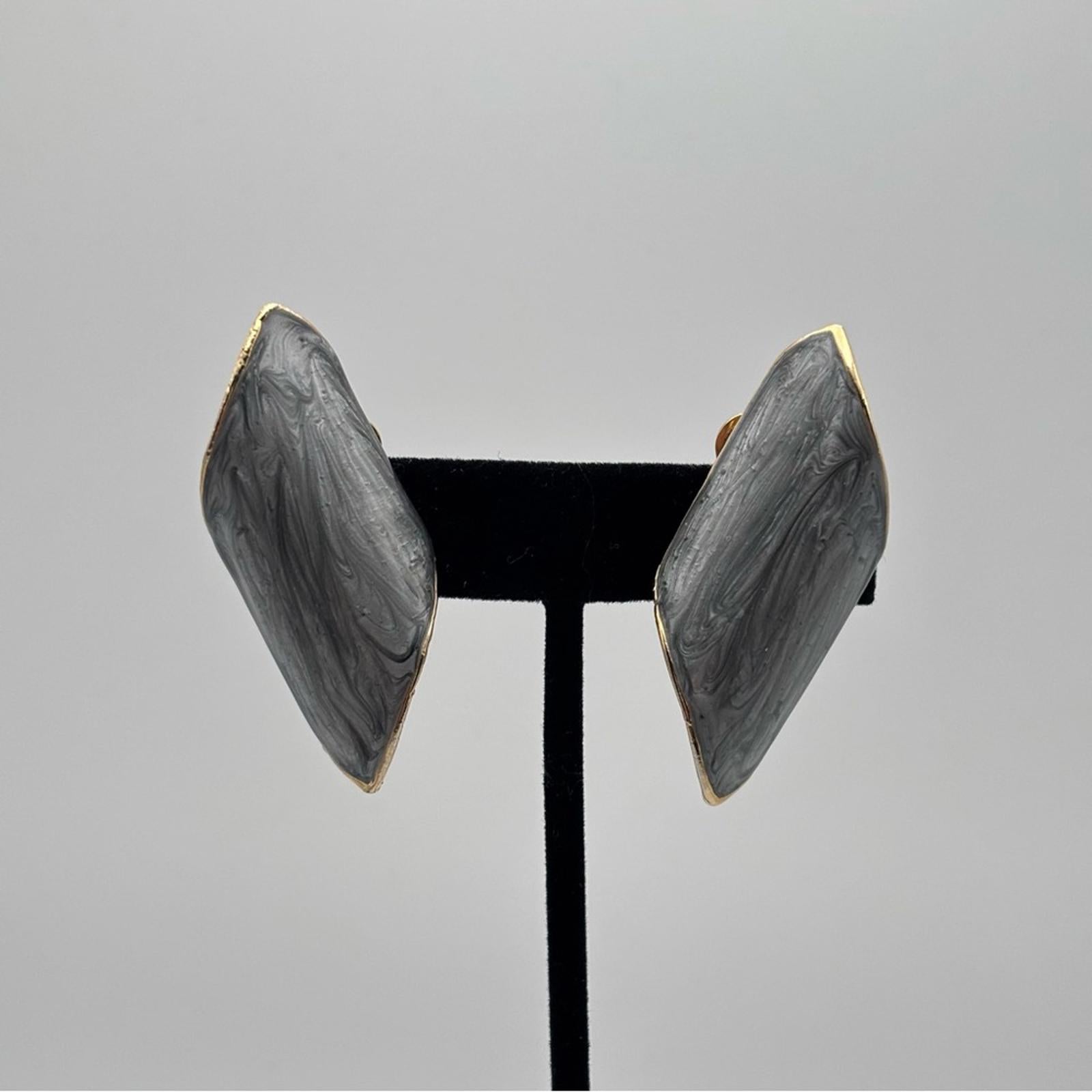 Vintage Grey Marbled Resin Geometric Clip-On Statement Earrings Gold Tone