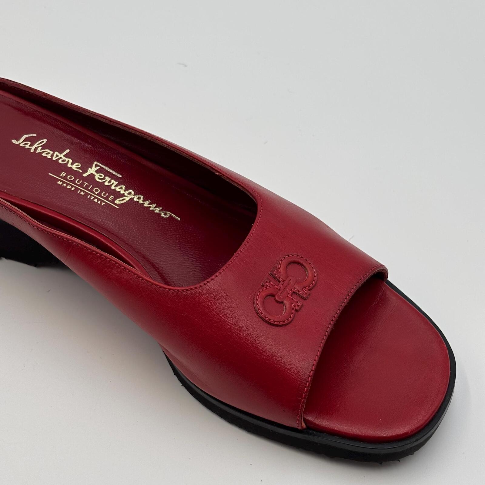 Salvatore Ferragamo Red Leather Wedge Slide Sandals – Size 37
