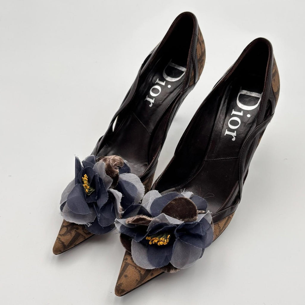 Christian Dior Monogram Canvas Pointed Toe Heels with Floral Detail