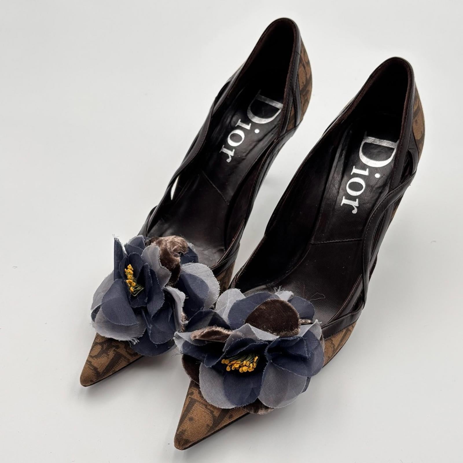 Christian Dior Monogram Canvas Pointed Toe Heels with Floral Detail