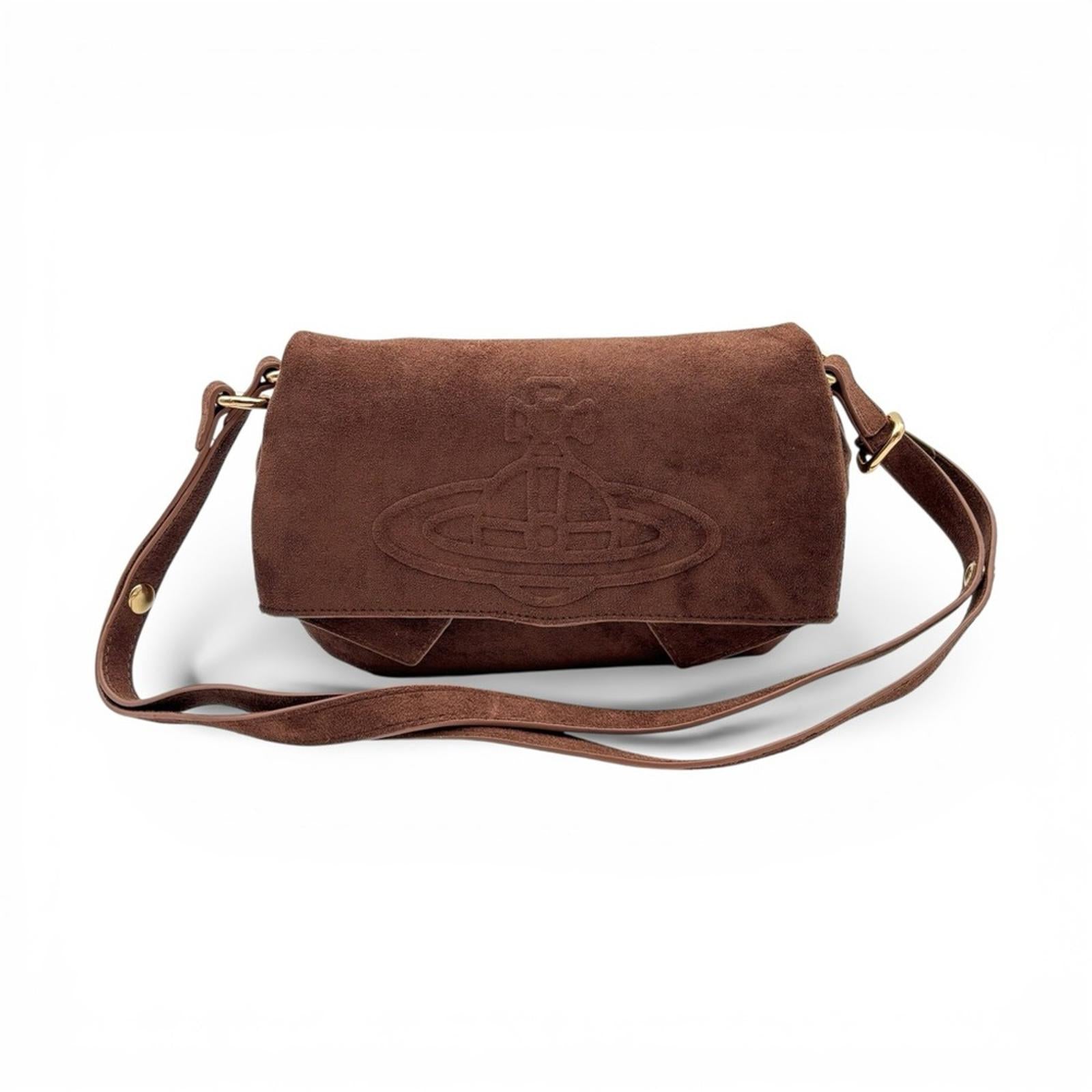 Vivienne Westwood Brown Suede Orb Shoulder Bag Vintage Logo Embossed