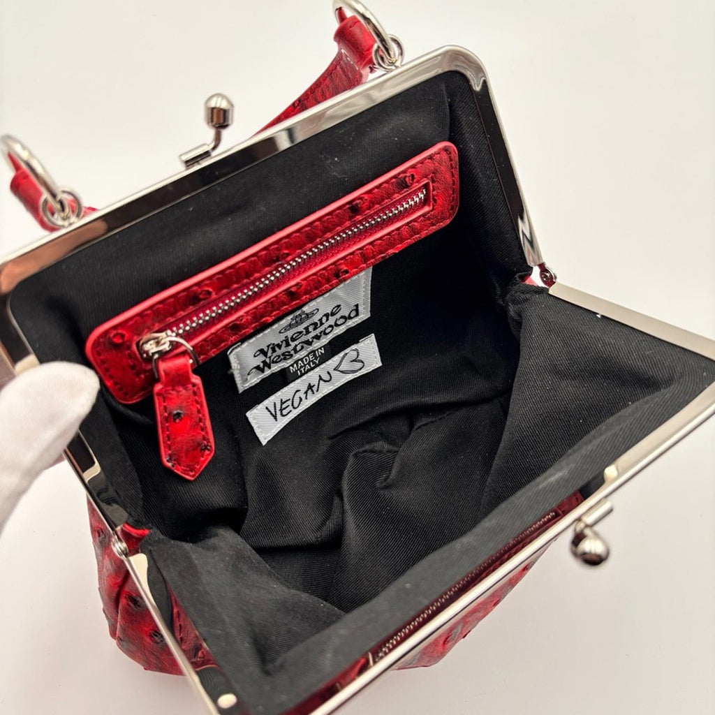 Vivienne Westwood Red Vegan Ostrich Embossed Granny Bag with Chain Strap