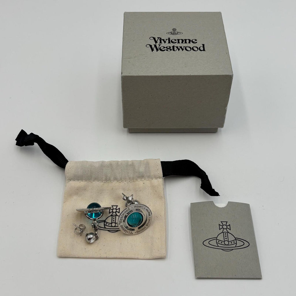 Vivienne Westwood Tiny Orb Drop Earrings Silver Tone Blue Crystal