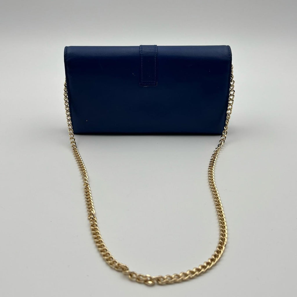 Saint Laurent Y-Chic Authentic Royal Blue Leather Zip Wallet On Chain