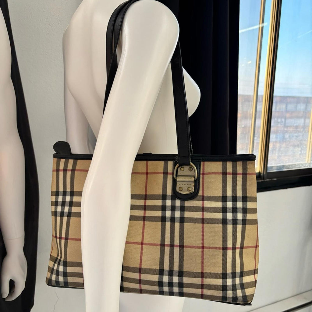 Burberry Tan and Black Checkered Tote