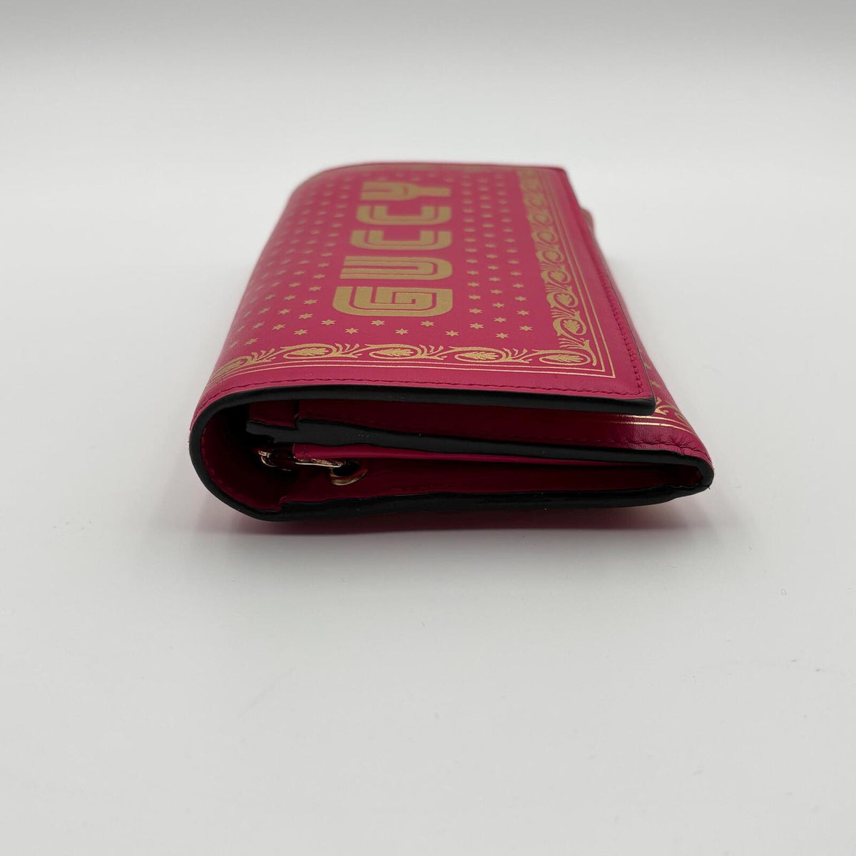 Gucci Pink Gold Print Chain Wallet Crossbody Clutch