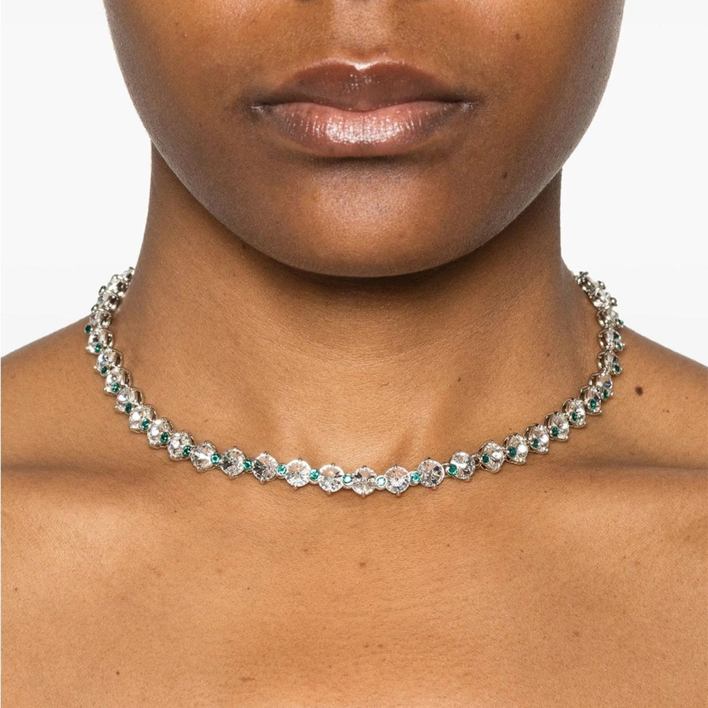 Miu Miu Crystal Tennis Necklace With Green Logo Pendant