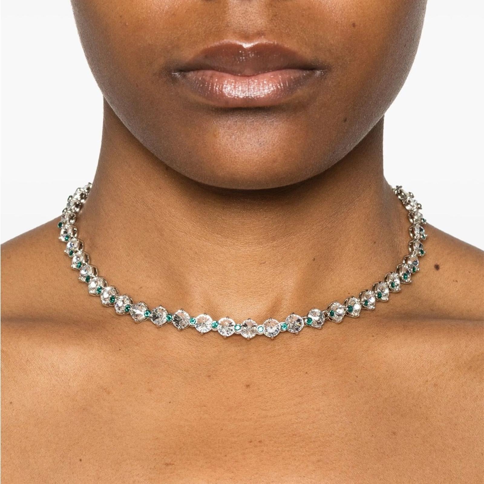Miu Miu Crystal Tennis Necklace With Green Logo Pendant