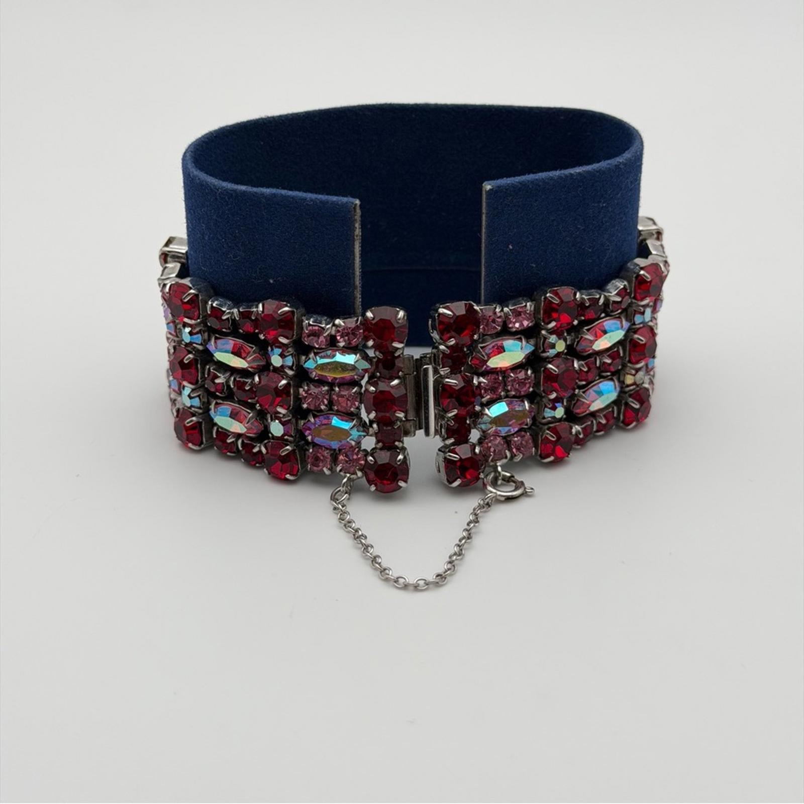 Vintage Sherman Red & Pink Aurora Borealis Rhinestone Wide Bracelet – Signed