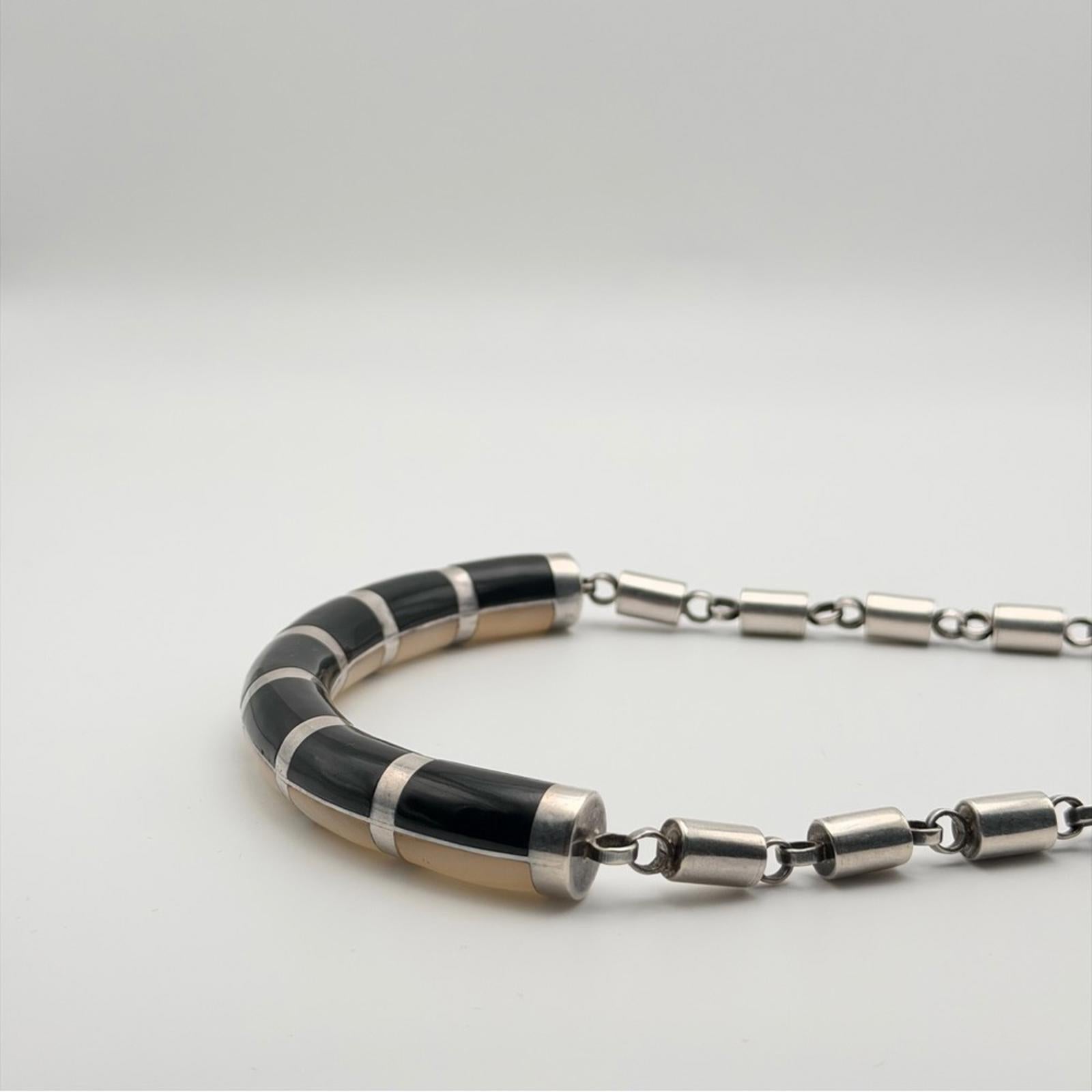 Vintage Heavy Sterling Silver Necklace With Onyx & Nacré (Mother Of Pearl)