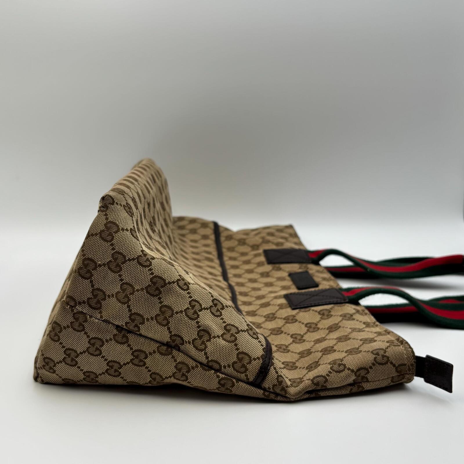 Gucci GG Canvas Web Tote Bag Brown Beige