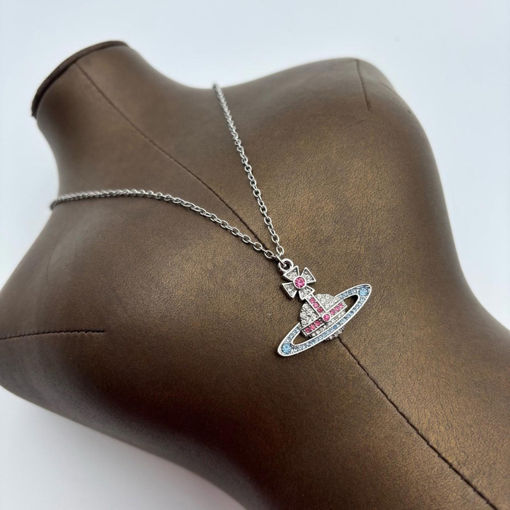 Vivienne Westwood Orb Crystal Pendant Necklace Silver Tone Pink Blue