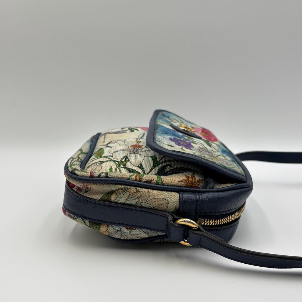 Gucci Flora Camera Crossbody Bag in Blue Leather & Botanical Canvas