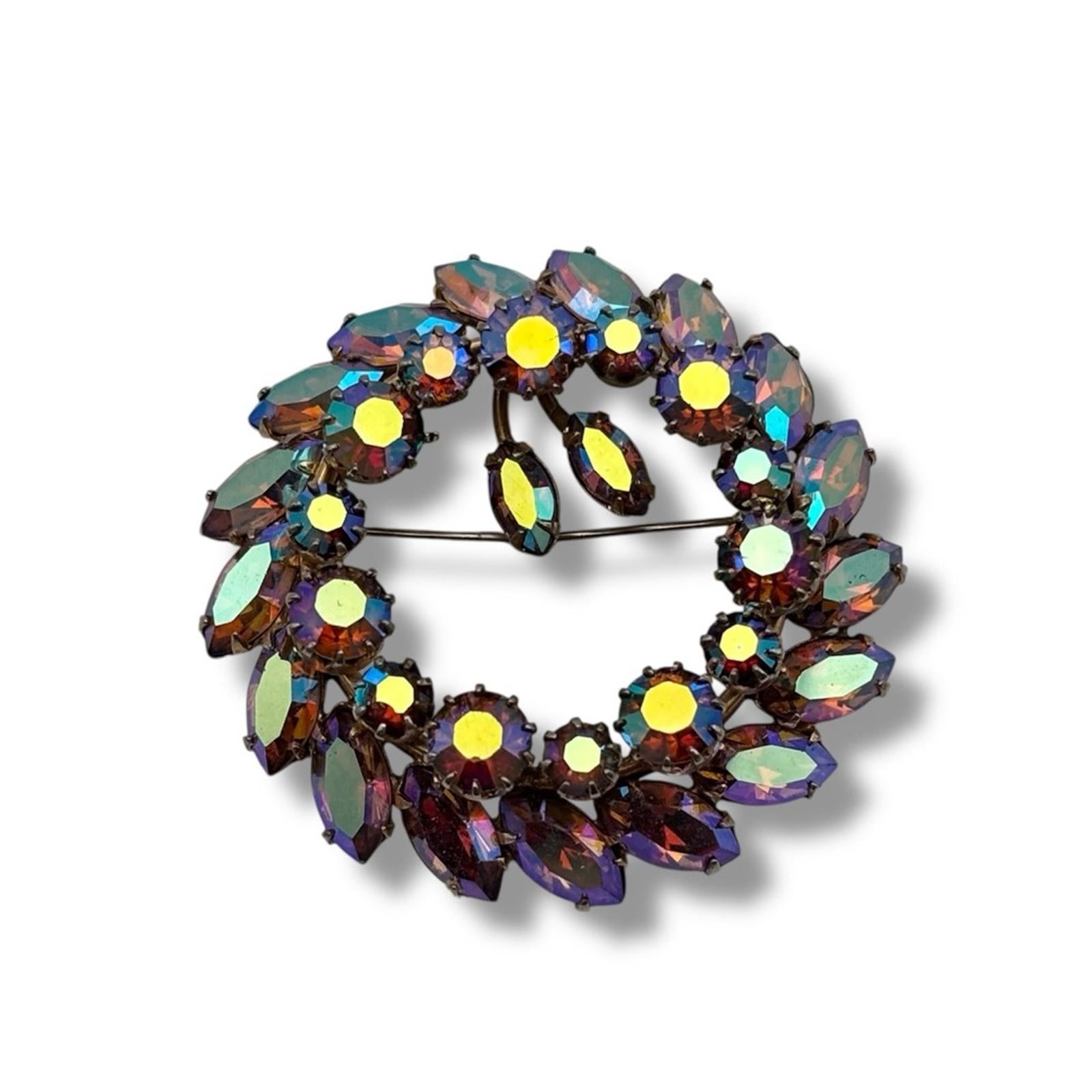 Sherman Vintage Aurora Borealis Crystal Wreath Brooch