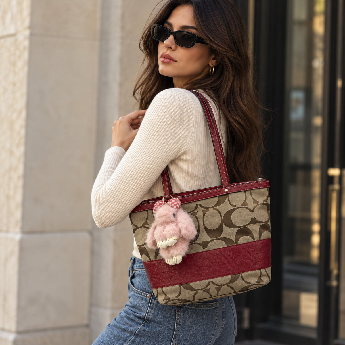 Coach Signature Jacquard Burgundy Leather Tote Bag by Coach