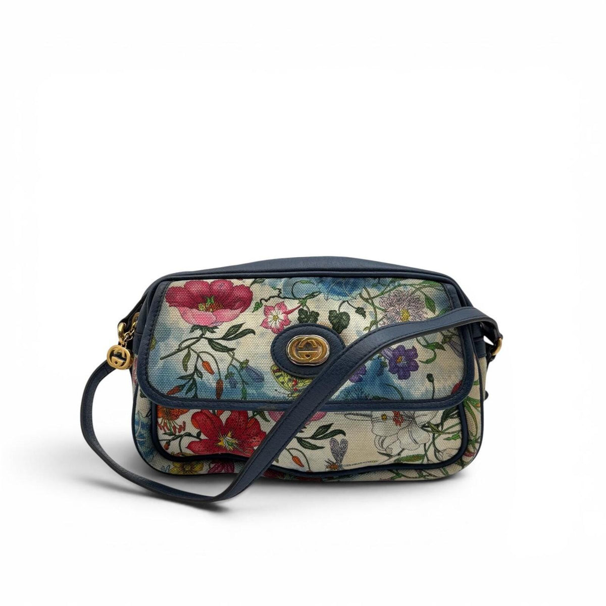 Gucci Flora Camera Crossbody Bag in Blue Leather & Botanical Canvas