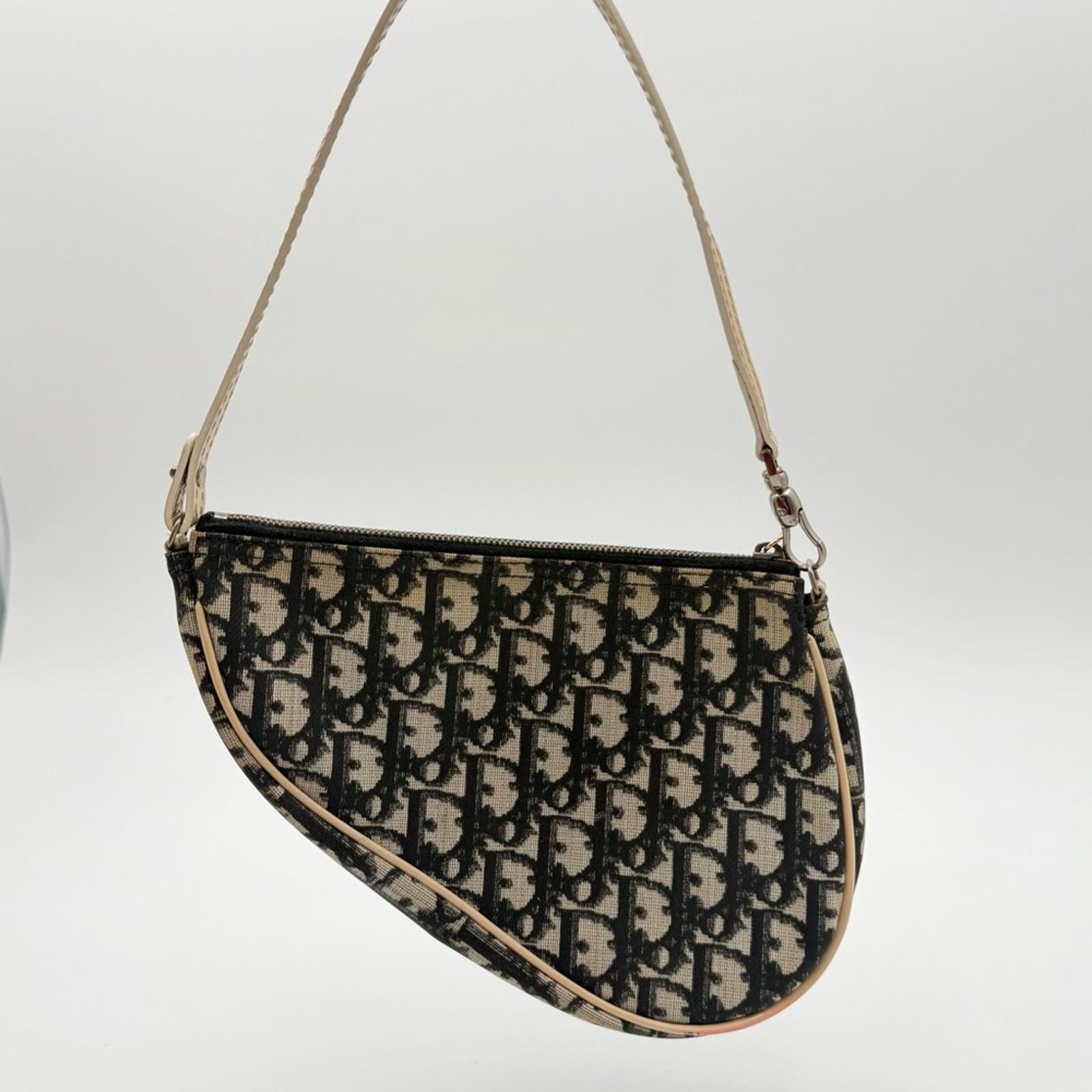 Christian Dior Vintage Trotter Saddle Shoulder Bag – Beige/Black – Leather Trim