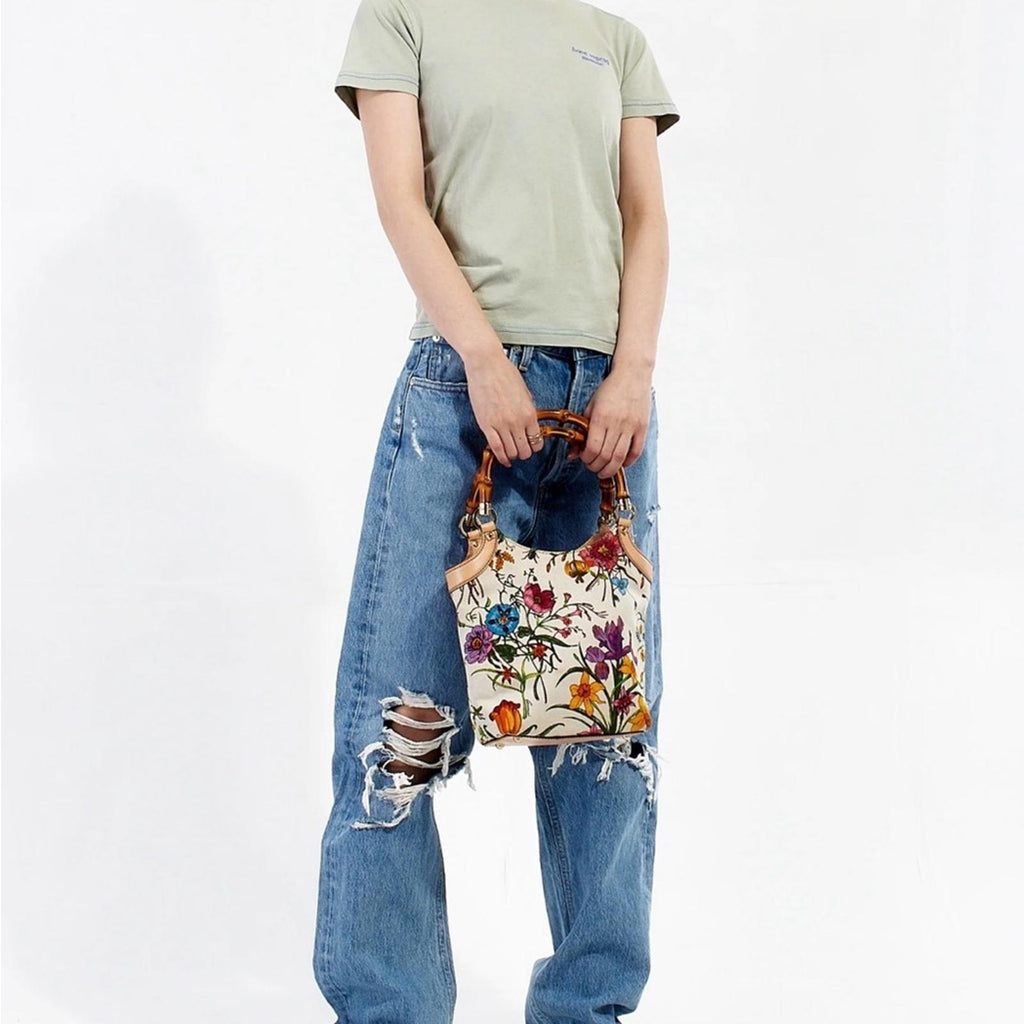 Gucci White Flora Floral Canvas Bamboo
Top Handle Mini Tote Bag