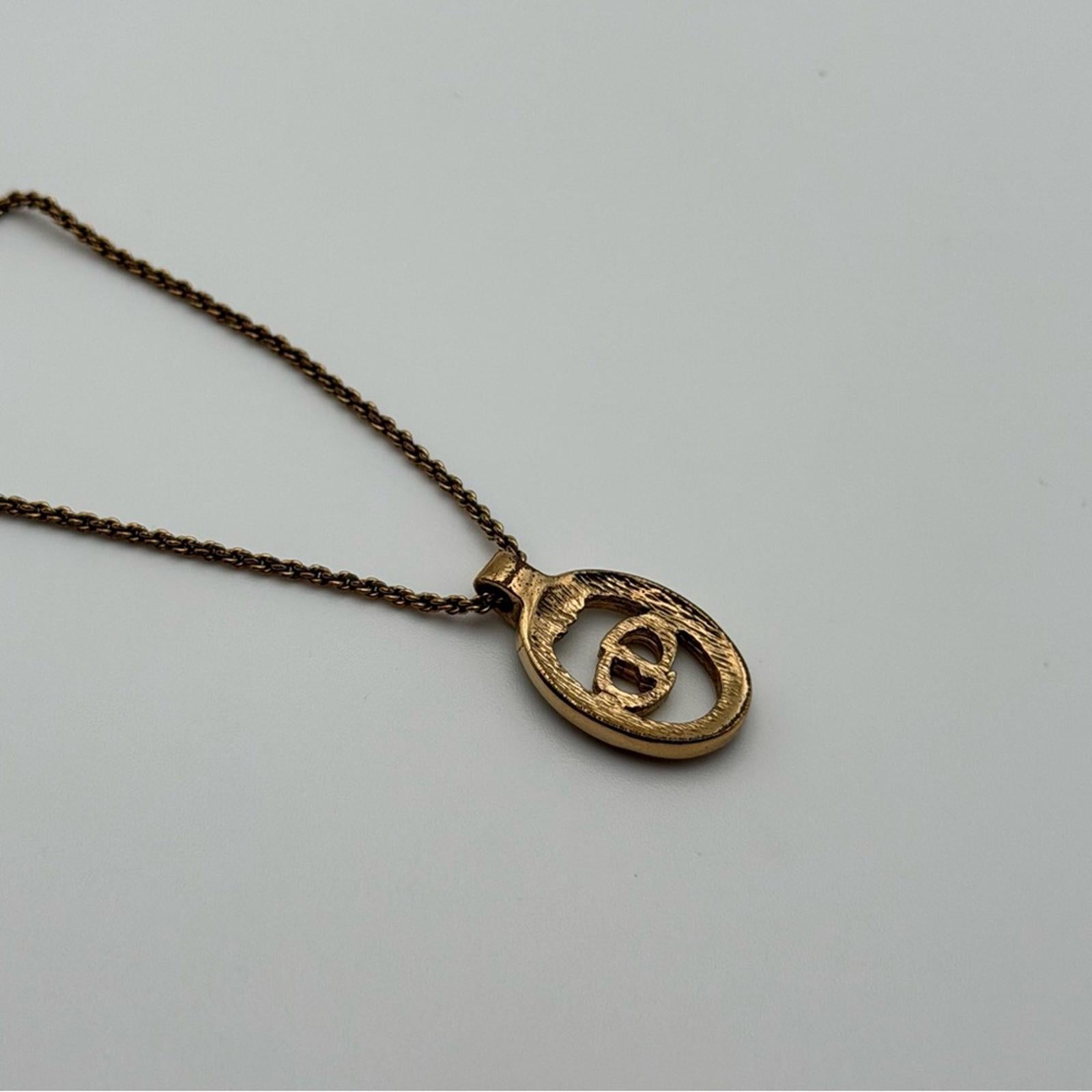 Christian Dior Gold CD Logo Oval Rhinestone Necklace