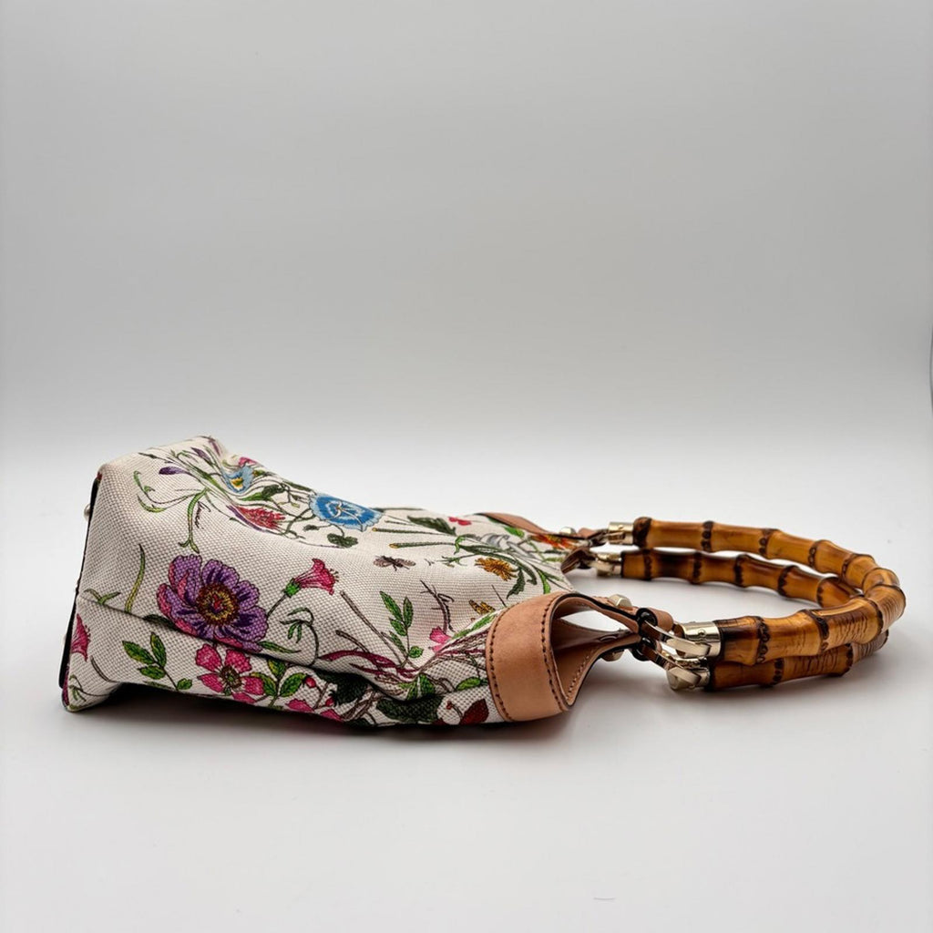 Gucci White Flora Floral Canvas Bamboo
Top Handle Mini Tote Bag