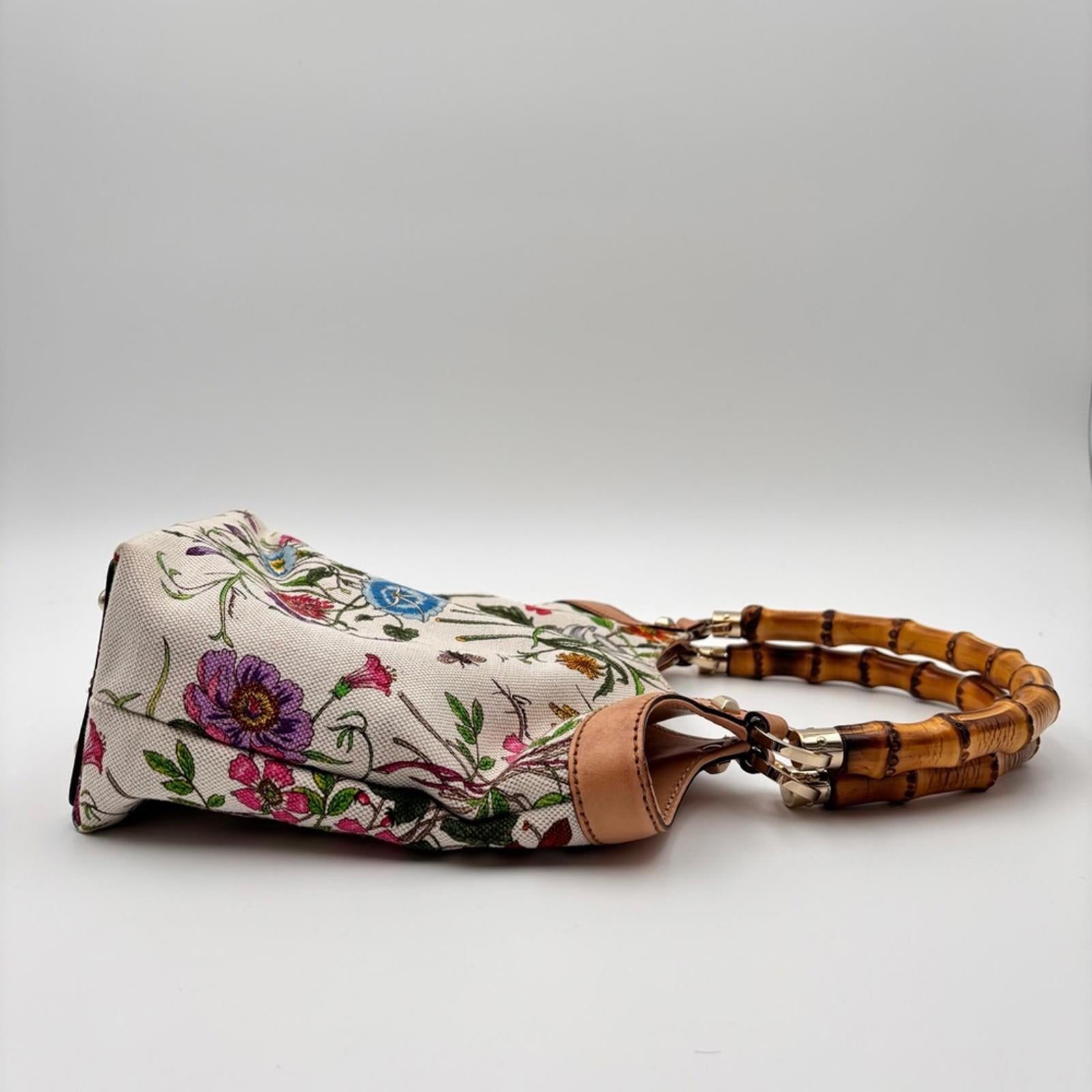 Gucci White Flora Floral Canvas Bamboo
Top Handle Mini Tote Bag